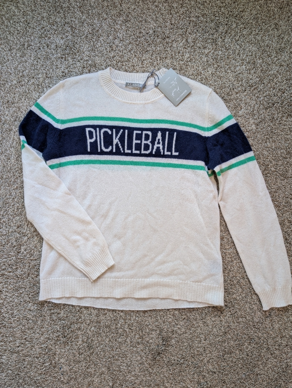 NWT Alashan Cashmere Pickleball Crewneck Sweater - White with Navy & Green Sz L
